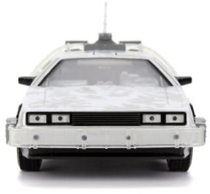 Back to the Future die-cast 1:24 scale "Hollywood Rides" light-up DeLorean Time Machine (Frosted)