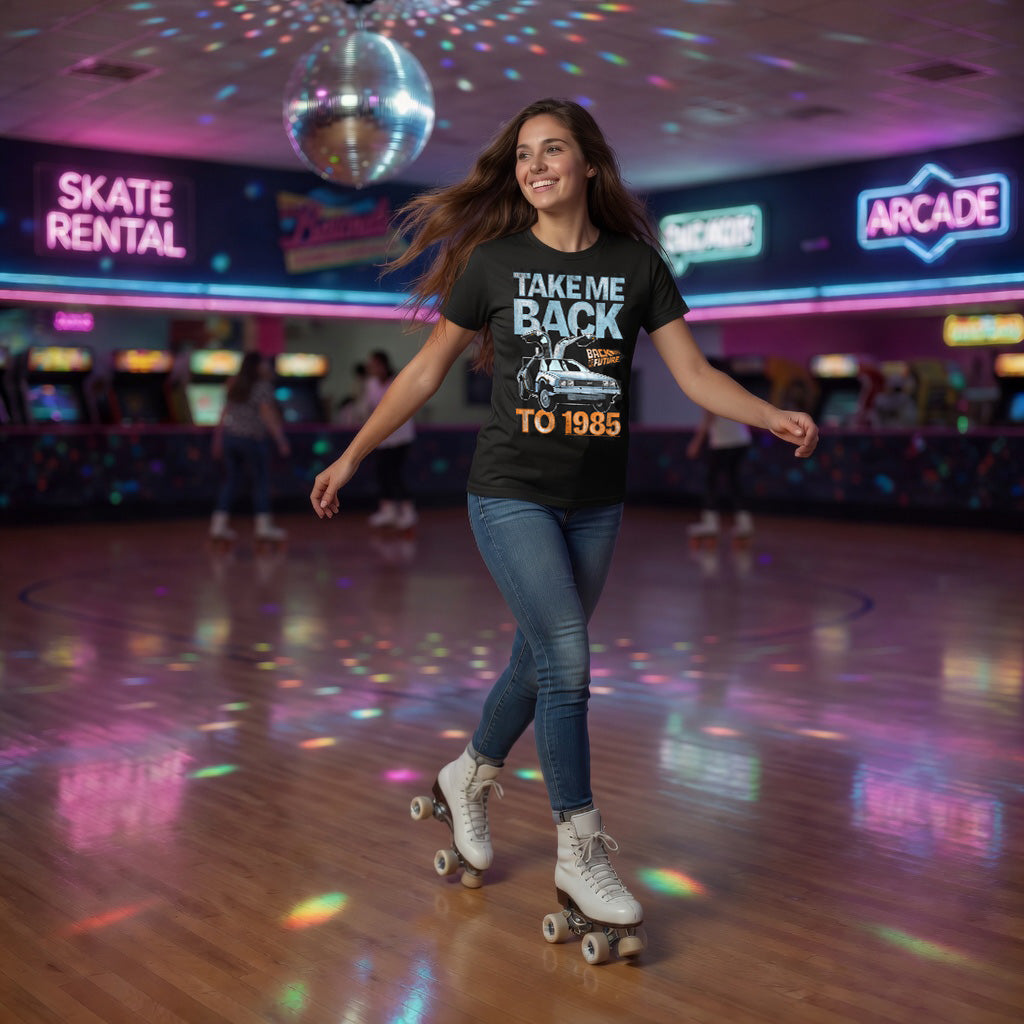 Woman roller skating in a disco-themed roller rink wearing a t-shirt with a retro design.