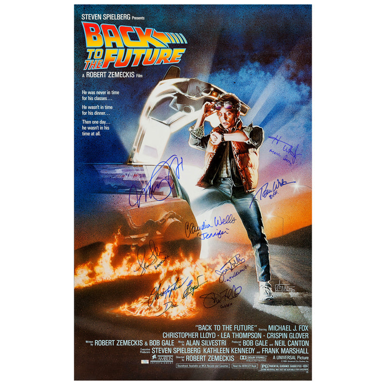 PREMIUM | Michael J. Fox, Christopher Lloyd, Tom Wilson, Lea Thompson, Claudia Wells Autographed 1985 Back to the Future 27x39 Single-Sided Movie Poster