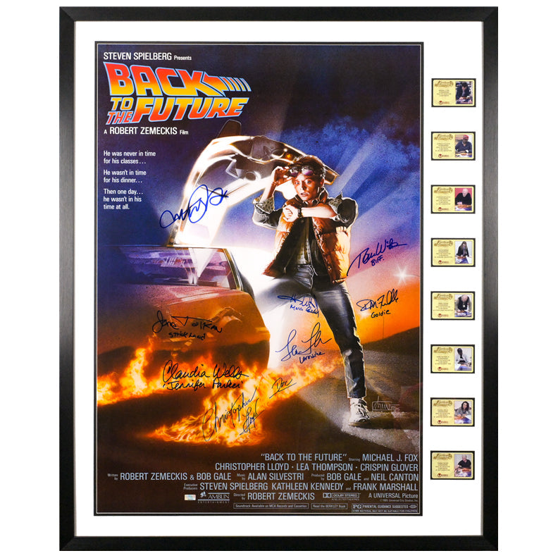 PREMIUM | Michael J. Fox, Christopher Lloyd, Tom Wilson, Lea Thompson, Claudia Wells Autographed 1985 Back to the Future 27x39 Single-Sided Movie Poster